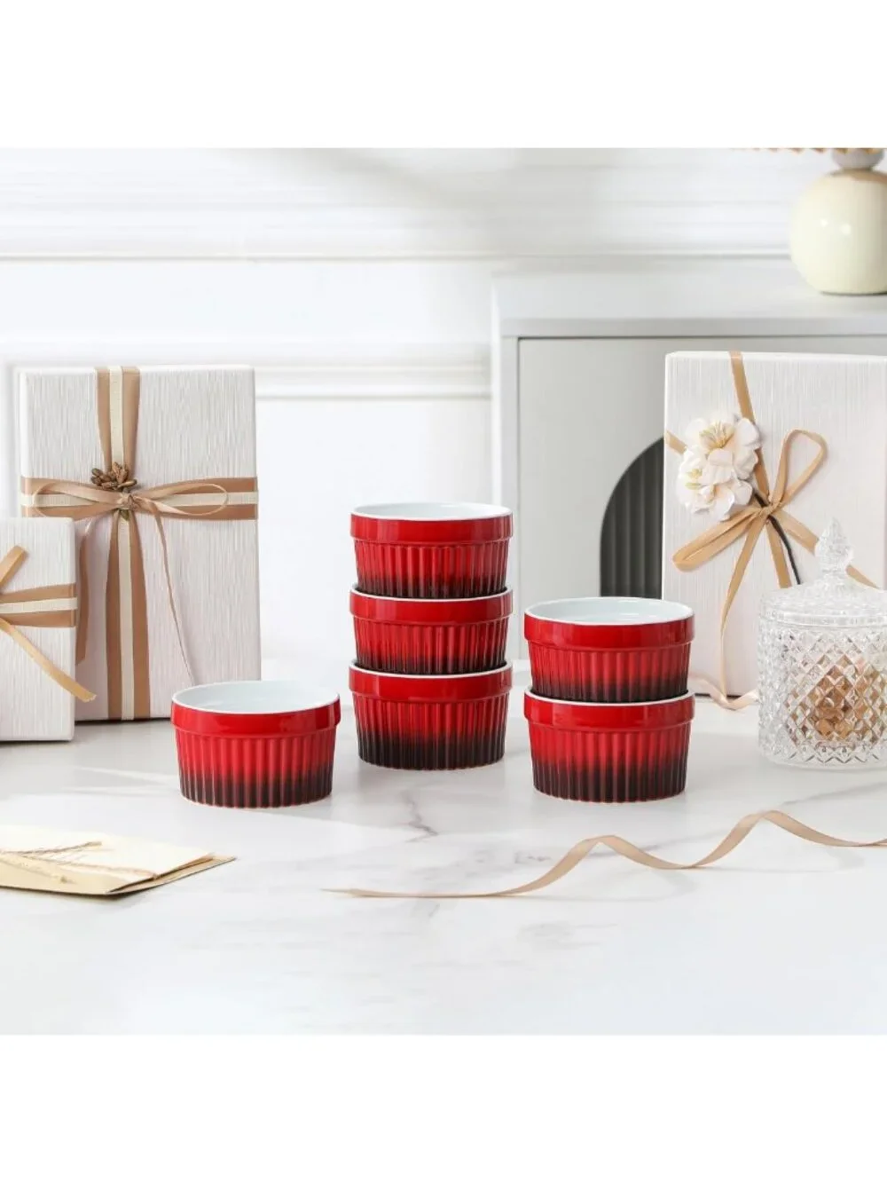 Set of 6 Oven Safe Ceramic Ramekins - Red Soufflé Dishes for Baking, Dipping